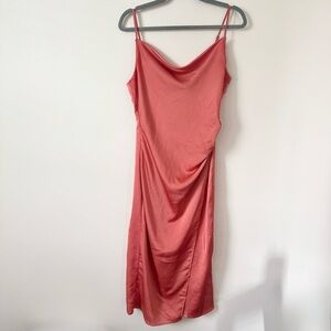Molly Green Size Medium Coral Satin Dress Midi Zipper Back Side Slit